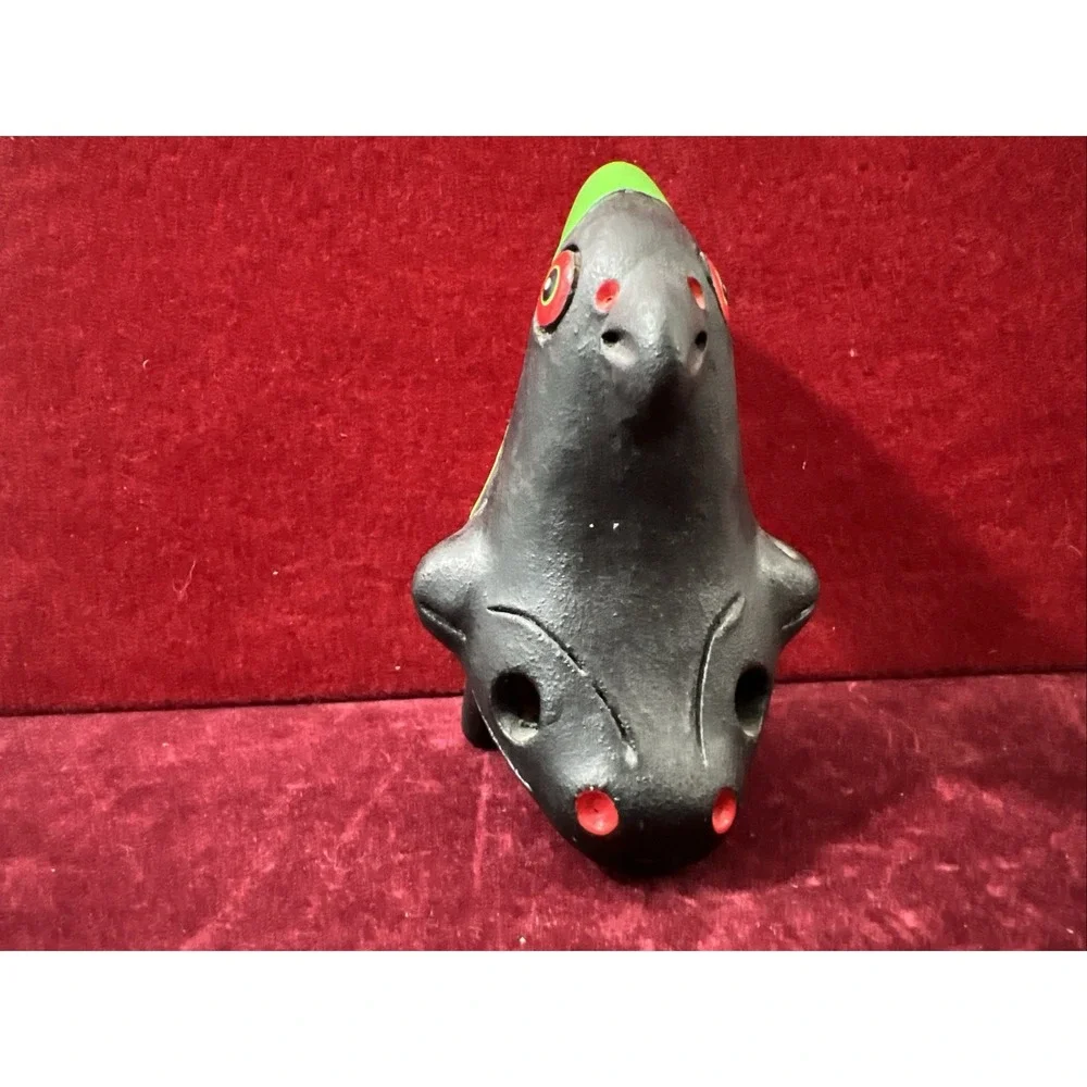 Handmade Black‎ Toucan Bird Clay Whistle Ocarina Folk Art Mexico Red Green Yello